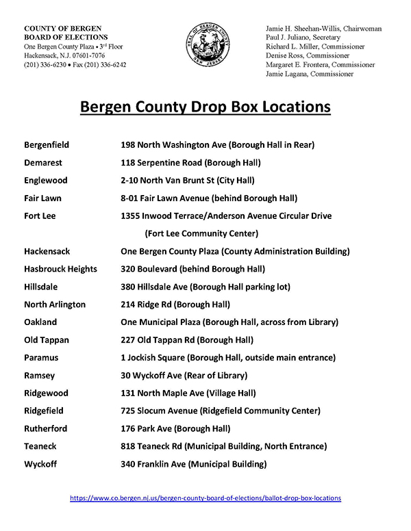Bergen County ballot dropbox locations