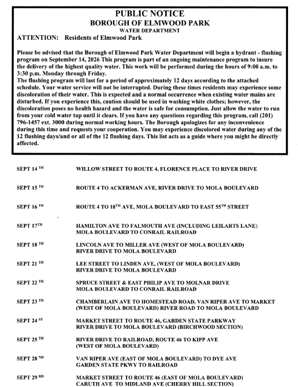 Hydrant Flushing Schedule - September 2026