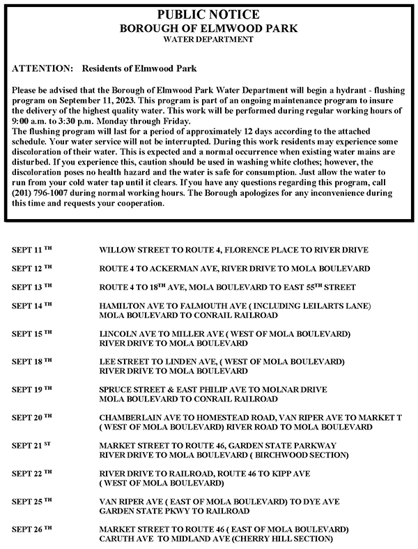 hydrant flushing schedule for September 2023